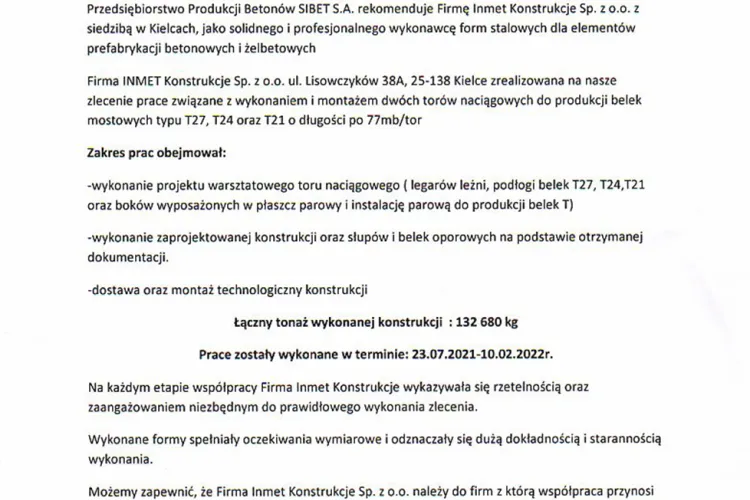 Referencje SIBET dla INMET Konstrukcje  05.2022