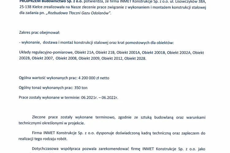 Referencje PROJPRZEM dla INMET Konstrukcje 01.2023