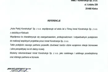 Referencje HUTA POKÓj dla INMET Konstrukcje 03.2023